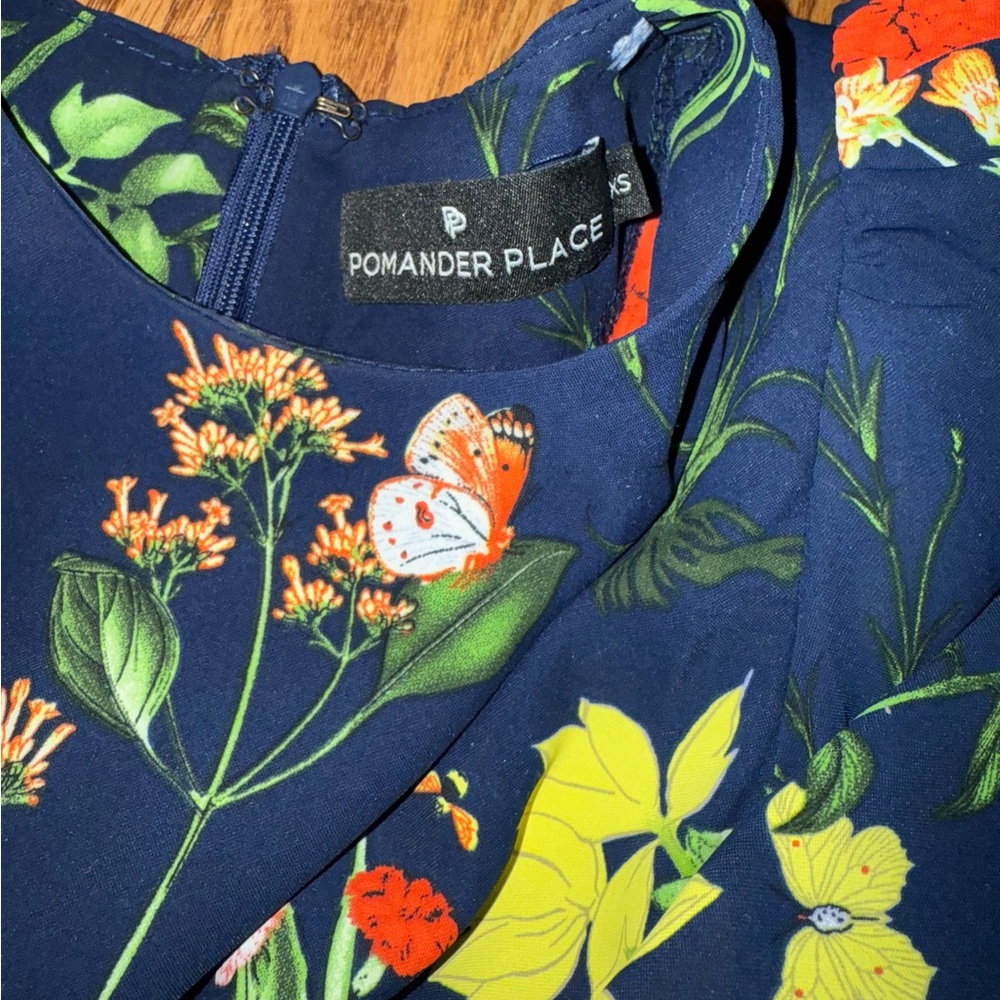 Pomander Place Navy Floral Dress with Butterfly Accents